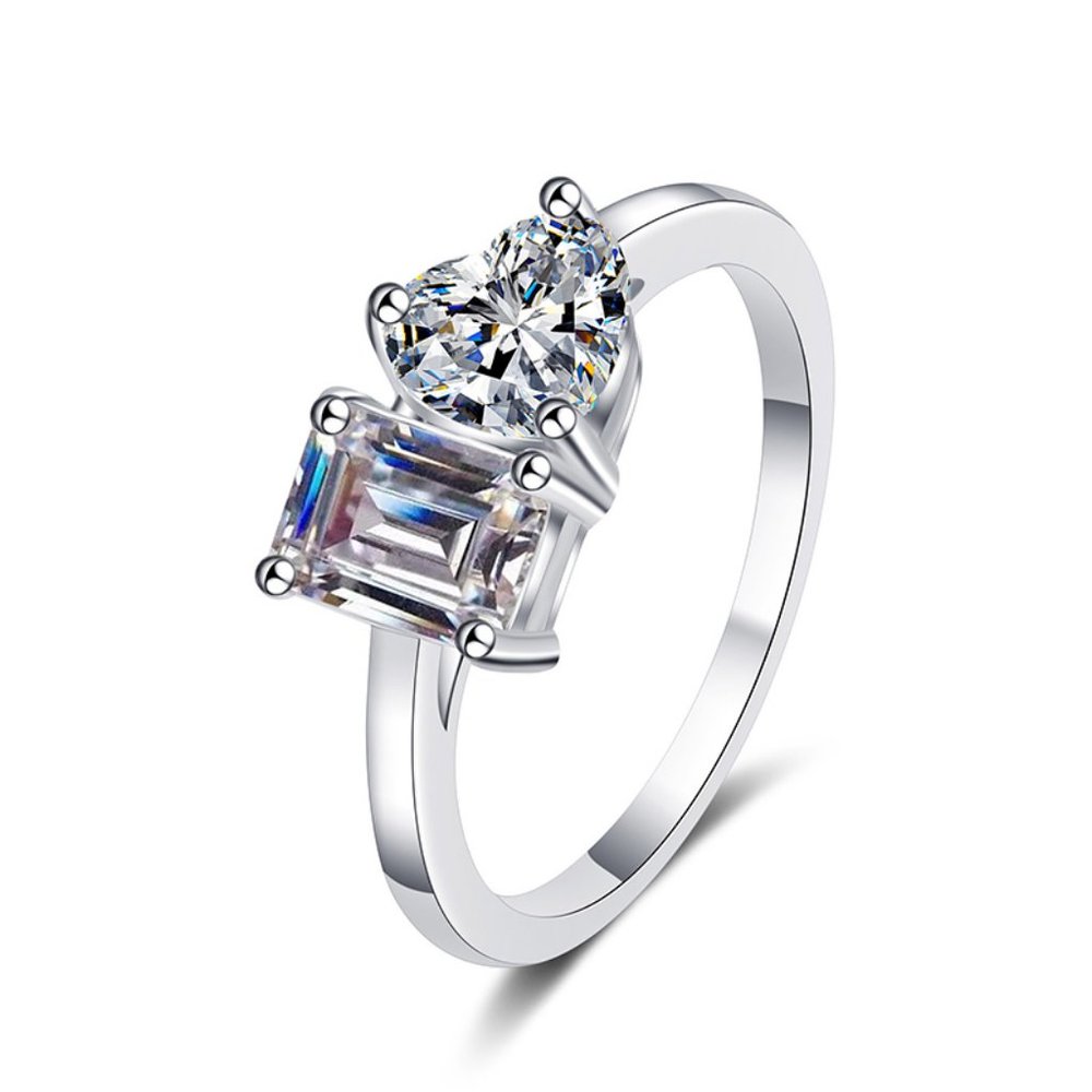 Certified 2 ct. t.w. Moissanite Diamond Emerald & Heart Cut Wedding Ring NEW - Picture 6 of 10